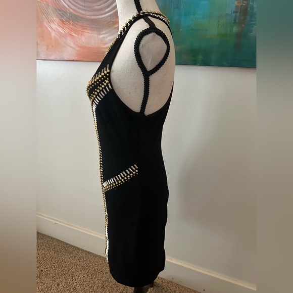 Bebe Bodycon Stretch Ponte Beaded High Neck Scoop Back Cocktail Mini Dress M - Picture 5 of 14